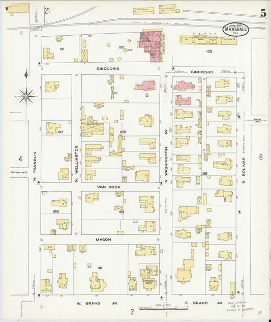 Sanborn Fire Insurance Map from Marshall, Harrison County, Texas (1909), Sheet #0005 - Historic Sanborn Fire Insurance Map Print, vintage old map wall art, antique decor, genealogy gift, Texas Texas map