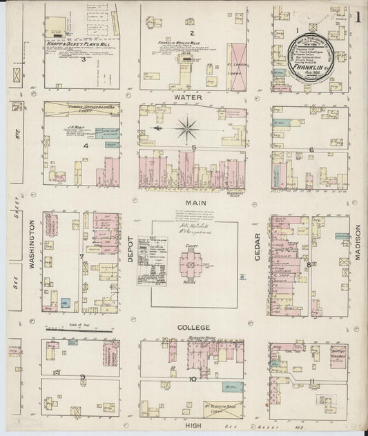 Sanborn Fire Insurance Map from Franklin, Simpson County, Kentucky (1886), Sheet #0001 - Complete Map Set gallery image, historic Sanborn map, vintage wall art, Kentucky Kentucky