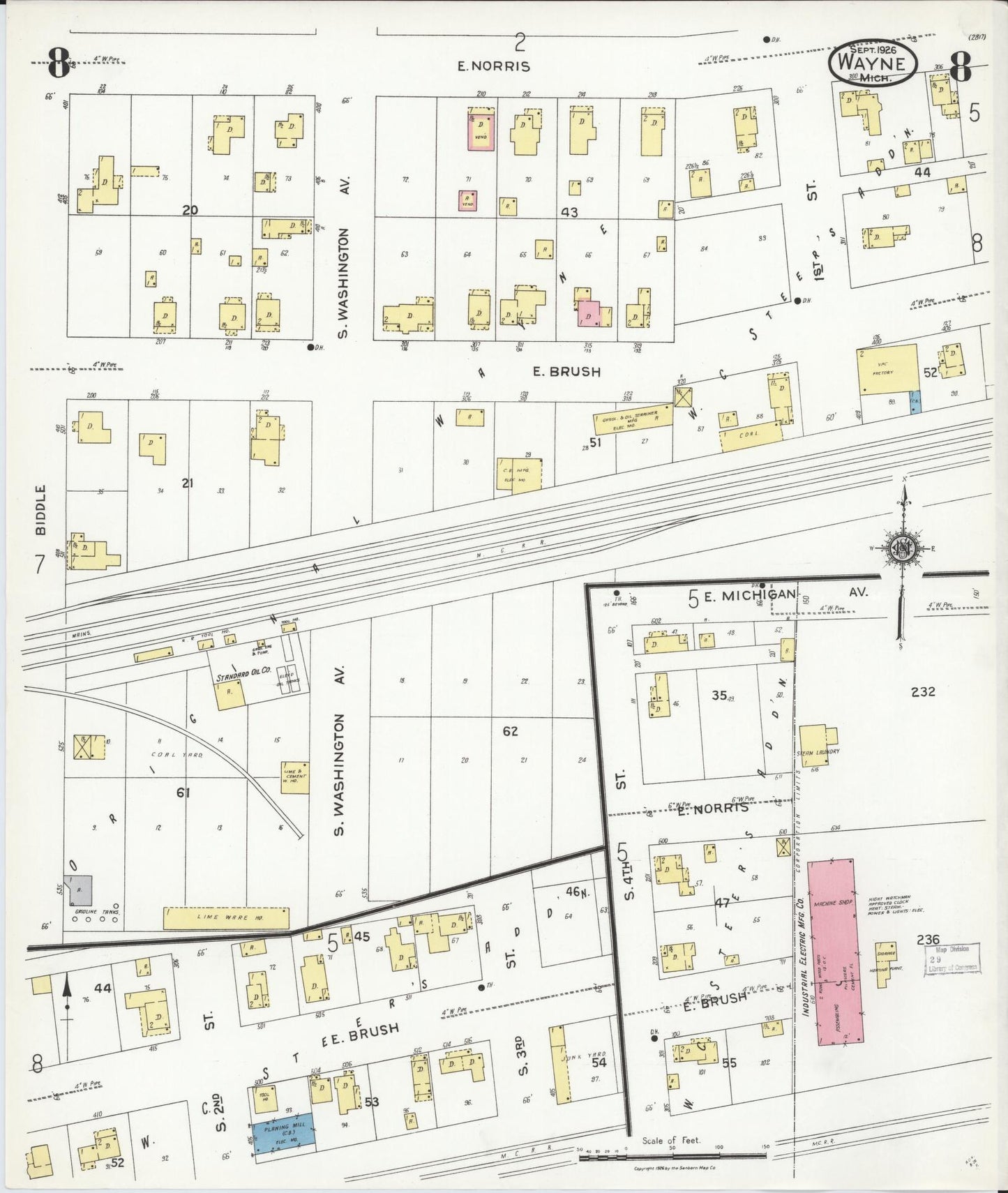 Sanborn Fire Insurance Map from Wayne, Wayne County, Michigan (1926), Sheet #0008 - Historic Sanborn Fire Insurance Map Print, vintage old map wall art, antique decor, genealogy gift, Michigan Michigan map