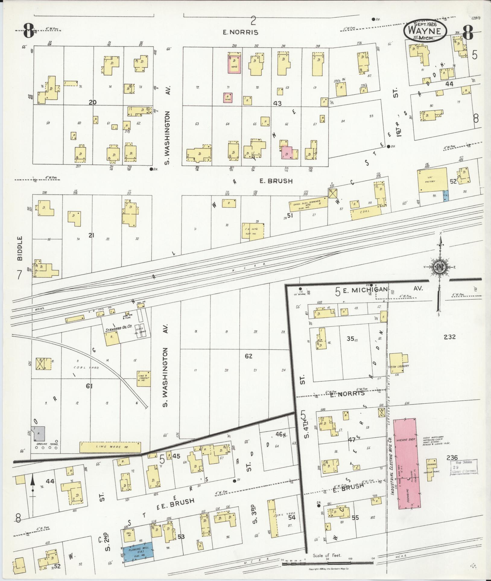 Sanborn Fire Insurance Map from Wayne, Wayne County, Michigan (1926), Sheet #0008 - Historic Sanborn Fire Insurance Map Print, vintage old map wall art, antique decor, genealogy gift, Michigan Michigan map