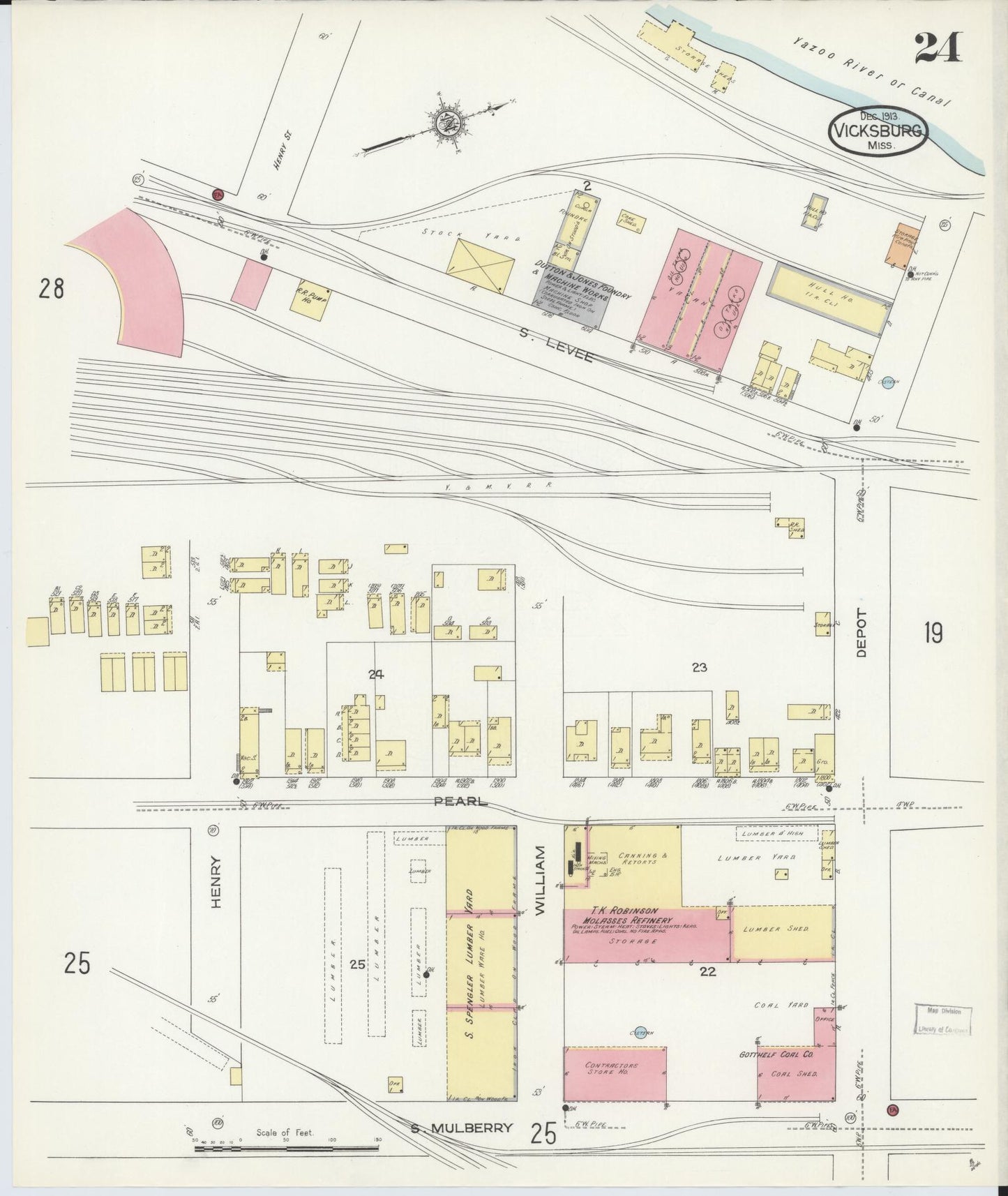 Sanborn Fire Insurance Map from Vicksburg, Warren County, Mississippi (1913), Sheet #0024 - Historic Sanborn Fire Insurance Map Print, vintage old map wall art, antique decor, genealogy gift, Mississippi Mississippi map
