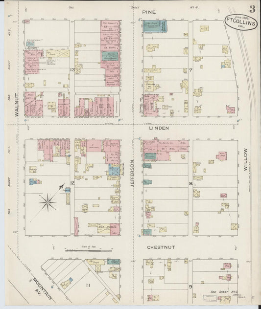 Sanborn Fire Insurance Map from Fort Collins, Larimer County, Colorado (1886), Sheet #0003 - Historic Sanborn Fire Insurance Map Print, vintage old map wall art, antique decor, genealogy gift, Colorado Colorado map