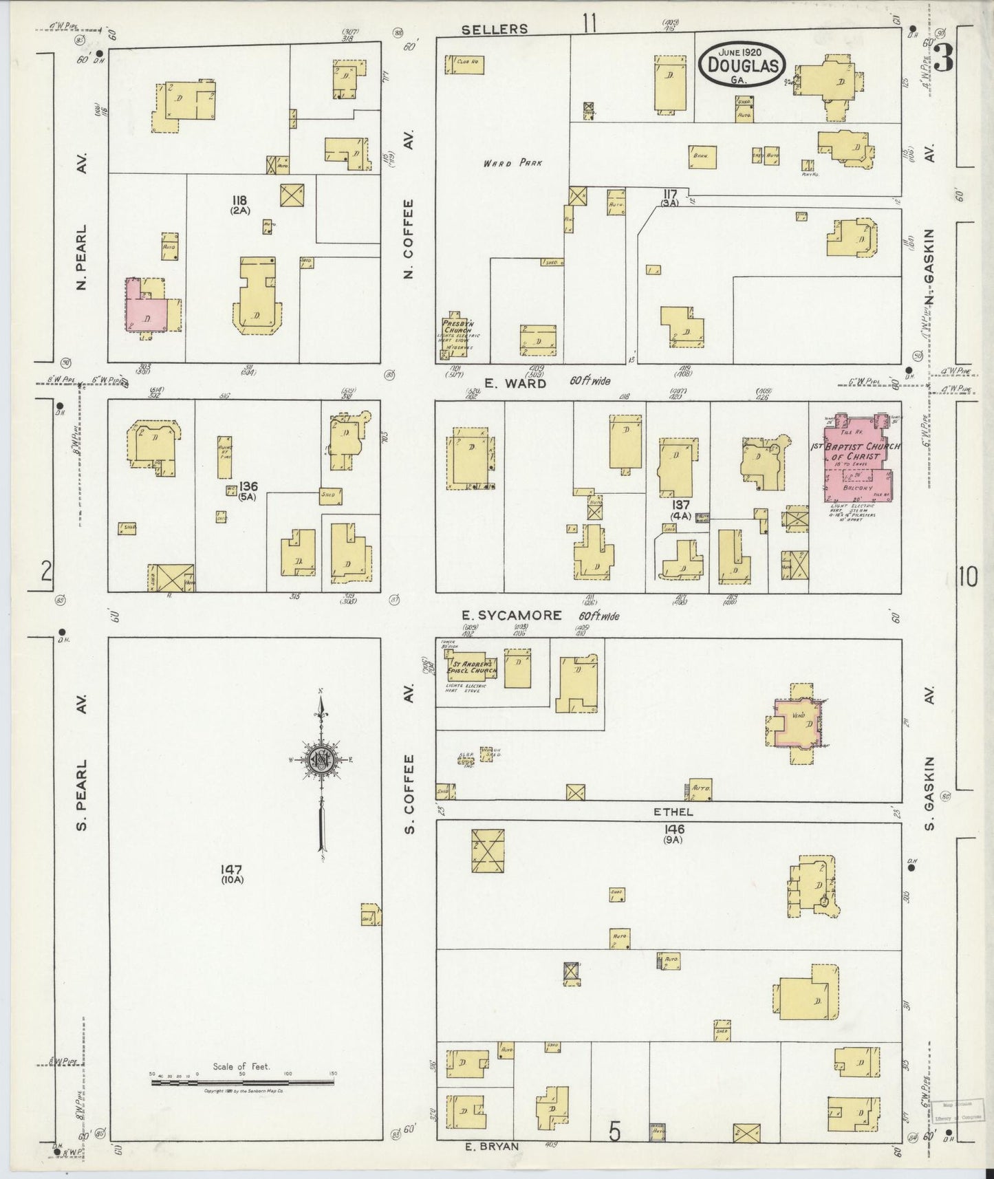 Sanborn Fire Insurance Map from Douglas, Coffee County, Georgia (1920), Sheet #0003 - Complete Map Set gallery image, historic Sanborn map, vintage wall art, Georgia Georgia