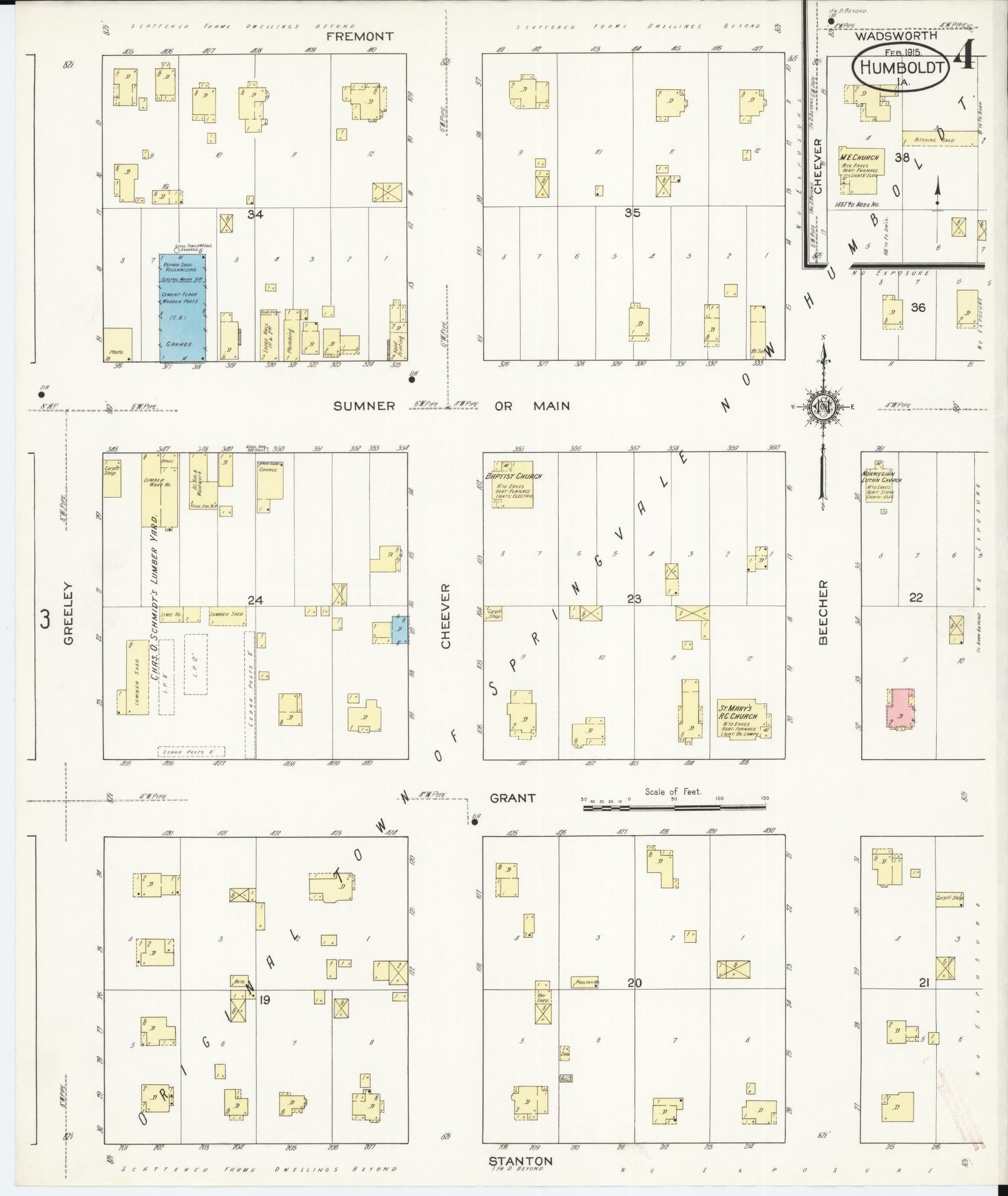 Sanborn Fire Insurance Map from Humboldt, Humboldt County, Iowa (1915), Sheet #0004 - Historic Sanborn Fire Insurance Map Print, vintage old map wall art