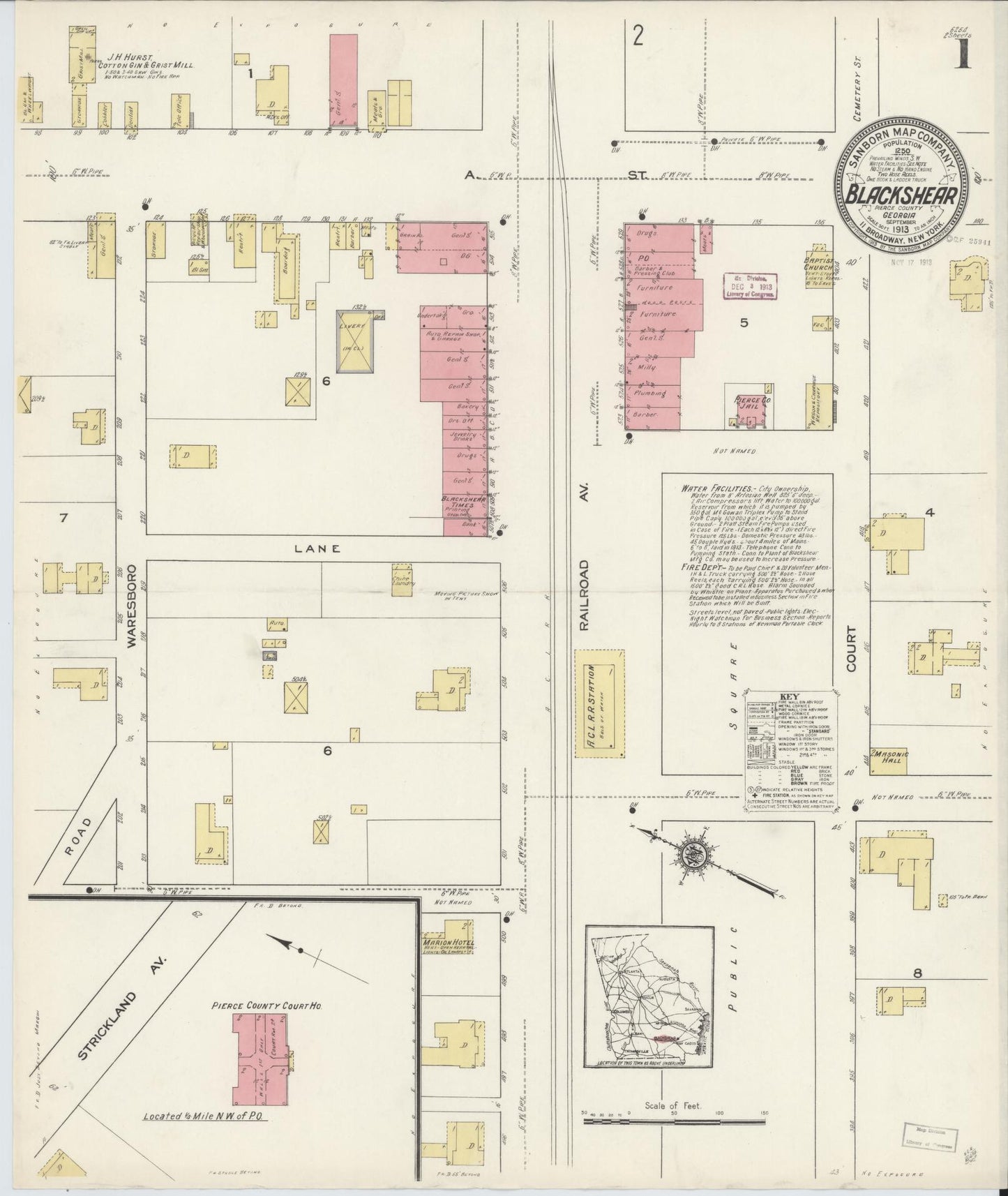 Sanborn Fire Insurance Map from Blackshear, Pierce County, Georgia (1913), Sheet #0001 - Historic Sanborn Fire Insurance Map Print, vintage old map wall art, antique decor, genealogy gift, Georgia Georgia map