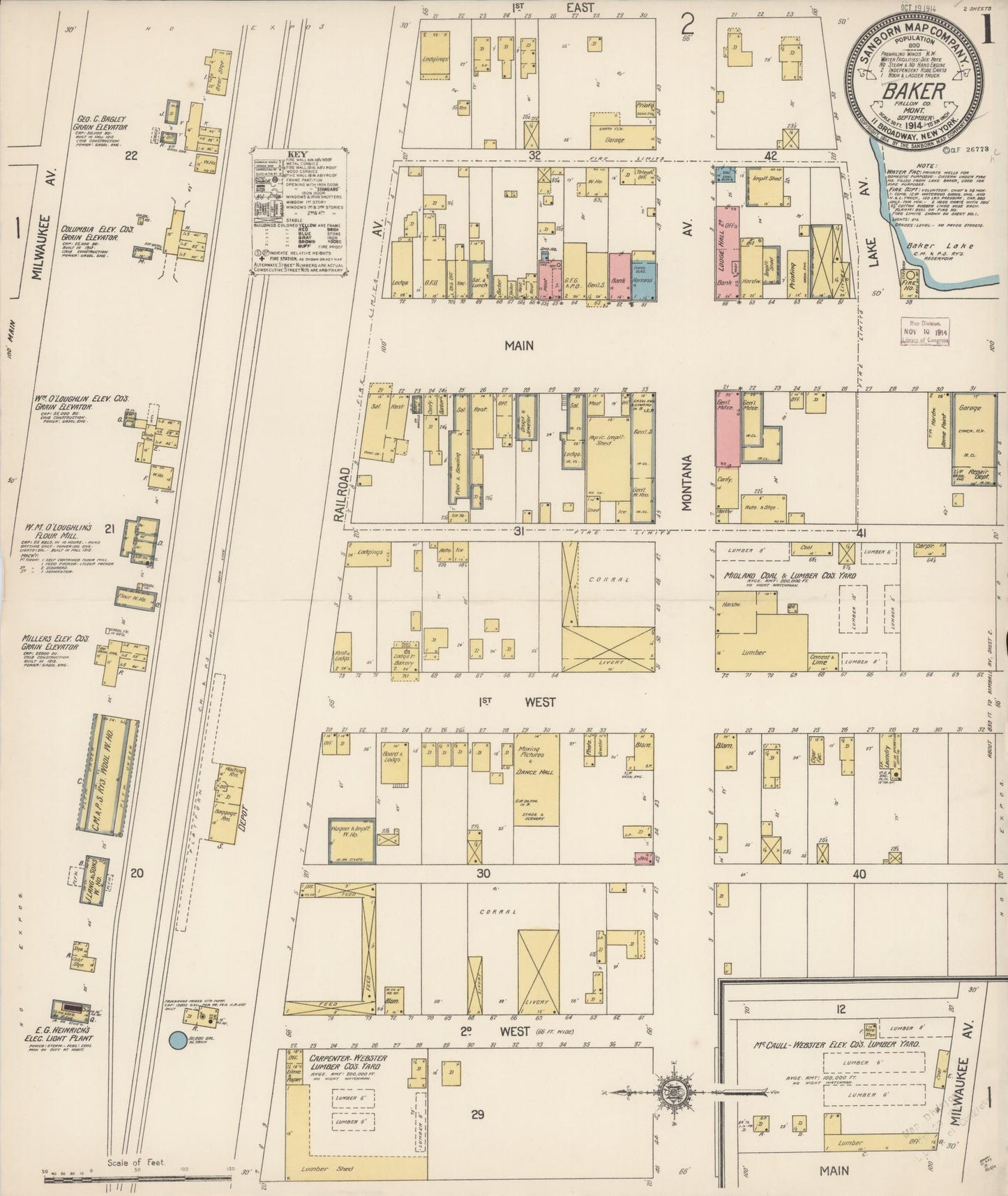 Sanborn Fire Insurance Map from Baker, Fallon County, Montana (1914), Sheet #0001 - Historic Sanborn Fire Insurance Map Print, vintage old map wall art, antique decor, genealogy gift, Montana Montana map