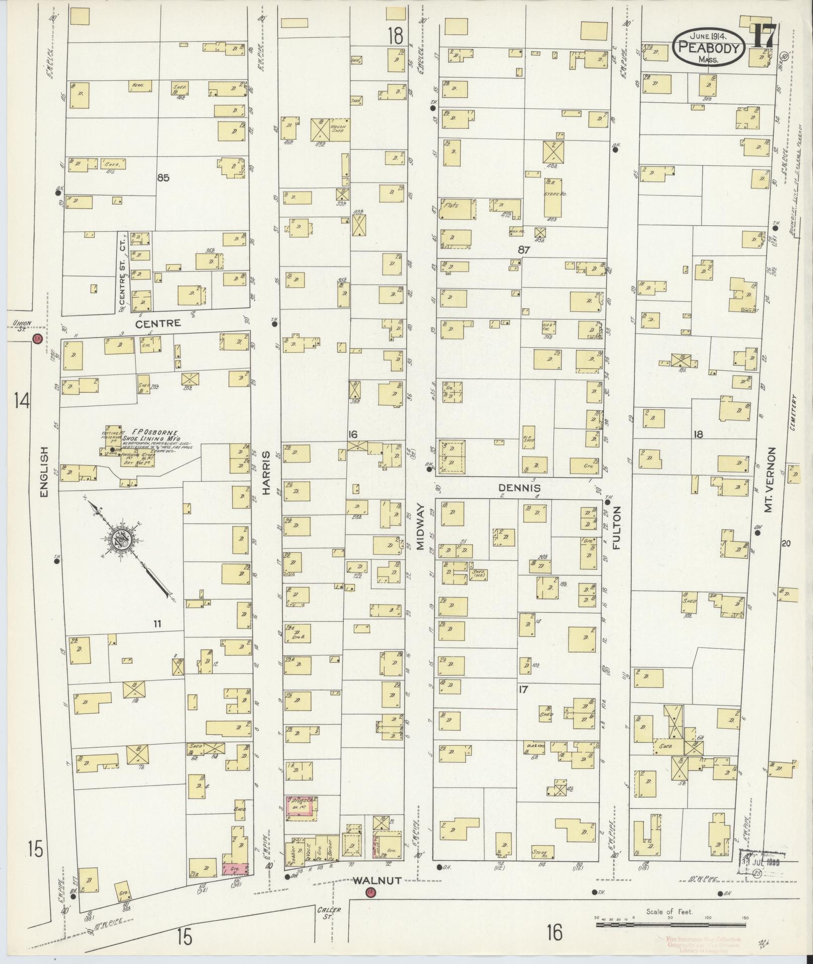 Sanborn Fire Insurance Map from Peabody, Essex County, Massachusetts (1914), Sheet #0017 - Complete Map Set gallery image, historic Sanborn map, vintage wall art, Massachusetts Massachusetts