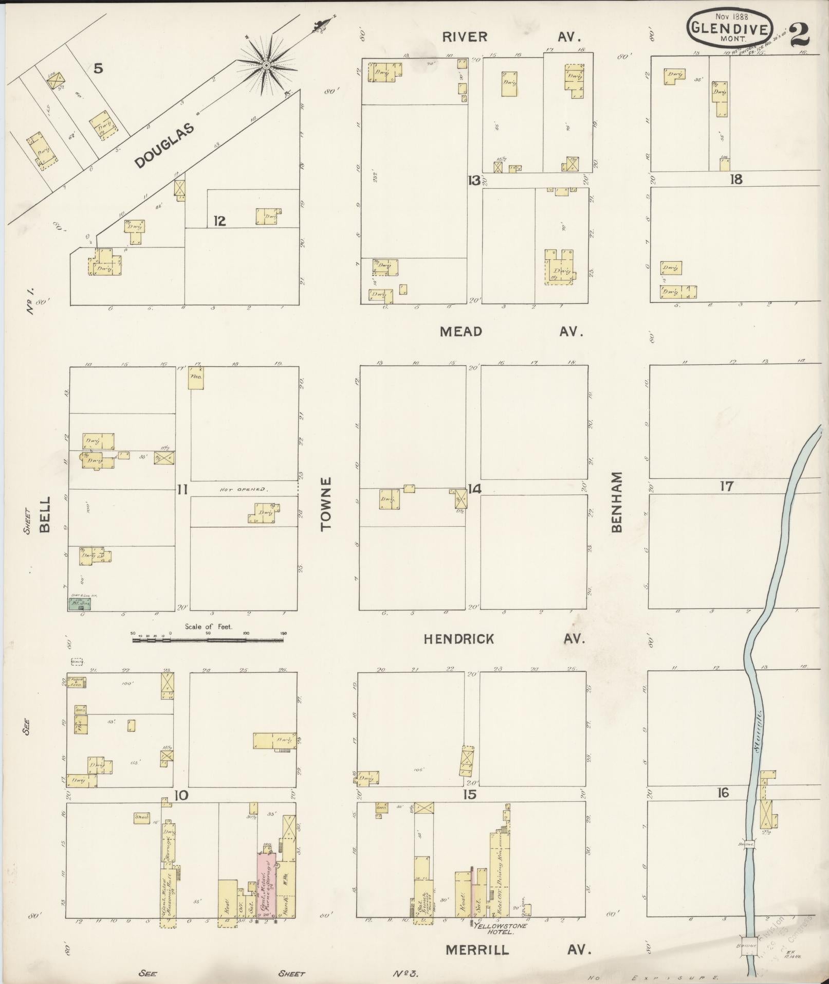 Sanborn Fire Insurance Map from Glendive, Dawson County, Montana (1888), Sheet #0002 - Complete Map Set gallery image, historic Sanborn map, vintage wall art, Montana Montana