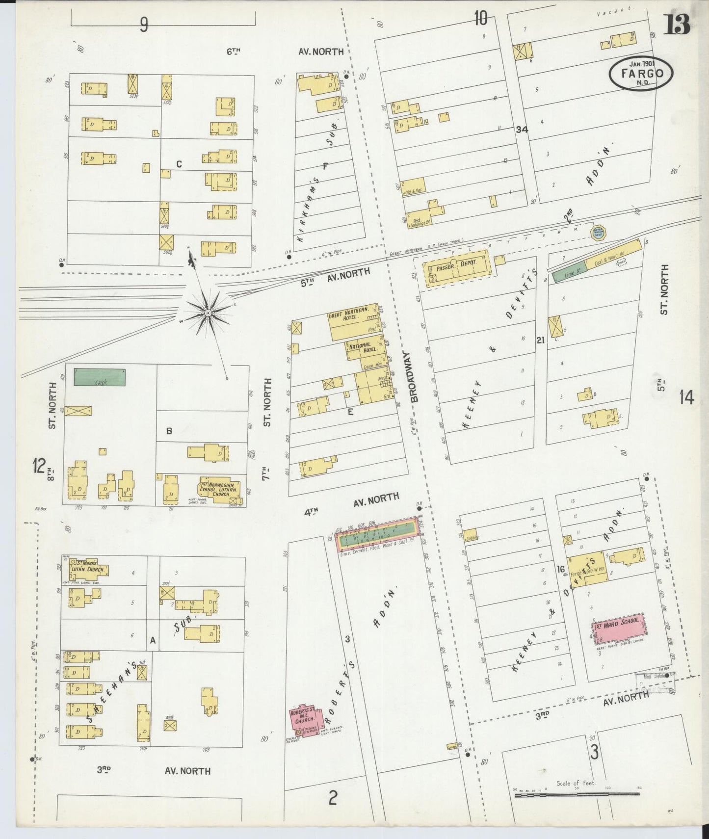 Sanborn Fire Insurance Map from Fargo, Cass County, North Dakota (1901), Sheet #0013 - Complete Map Set gallery image, historic Sanborn map, vintage wall art, North Dakota North Dakota