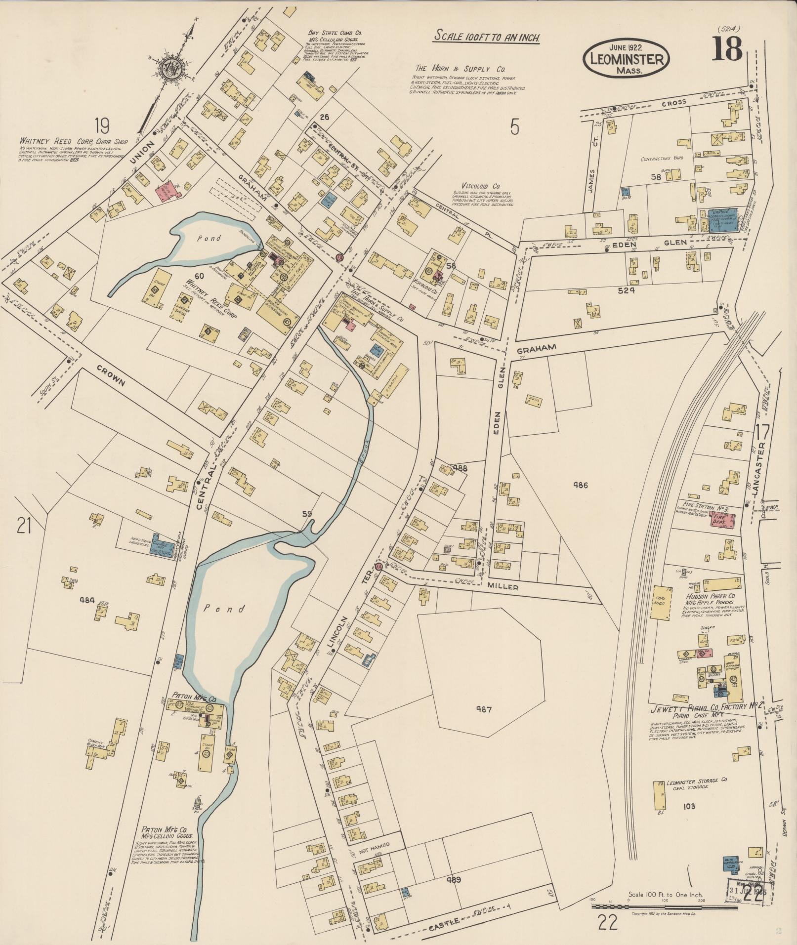 Sanborn Fire Insurance Map from Leominster, Worcester County, Massachusetts (1922), Sheet #0018 - Historic Sanborn Fire Insurance Map Print, vintage old map wall art, antique decor, genealogy gift, Massachusetts Massachusetts map