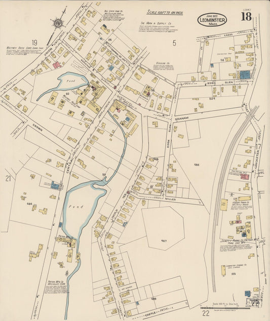 Sanborn Fire Insurance Map from Leominster, Worcester County, Massachusetts (1922), Sheet #0018 - Historic Sanborn Fire Insurance Map Print, vintage old map wall art, antique decor, genealogy gift, Massachusetts Massachusetts map