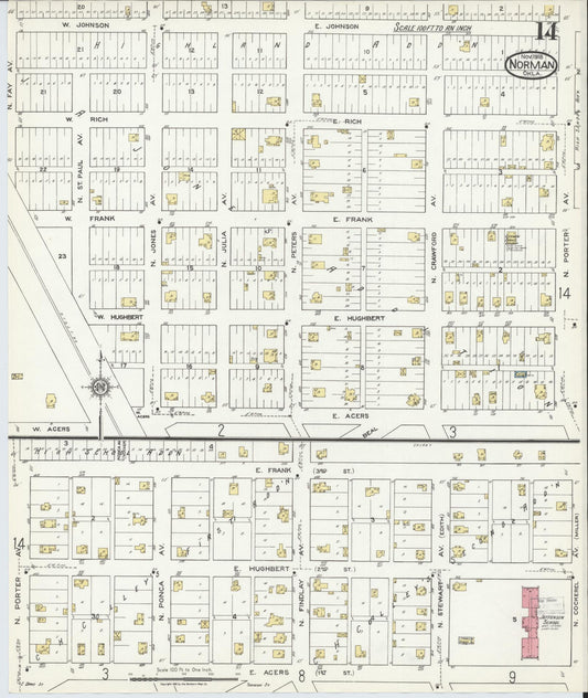 Sanborn Fire Insurance Map from Norman, Cleveland County, Oklahoma (1918), Sheet #0014 - Historic Sanborn Fire Insurance Map Print, vintage old map wall art, antique decor, genealogy gift, Oklahoma Oklahoma map