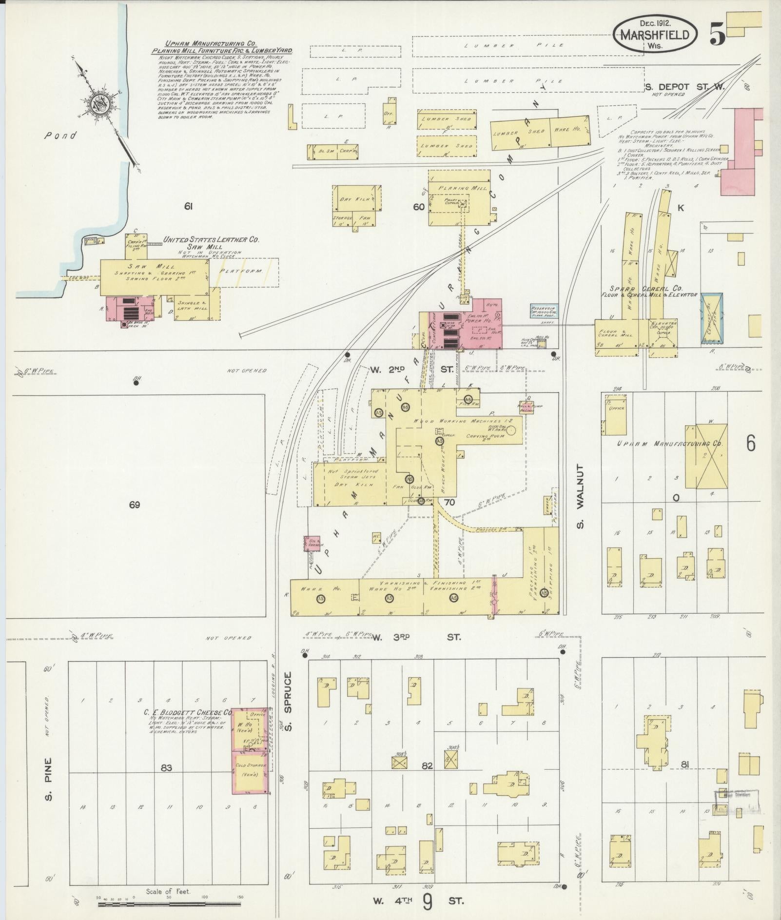 Sanborn Fire Insurance Map from Marshfield, Wood County, Wisconsin (1912), Sheet #0005 - Historic Sanborn Fire Insurance Map Print, vintage old map wall art, antique decor, genealogy gift, Wisconsin Wisconsin map