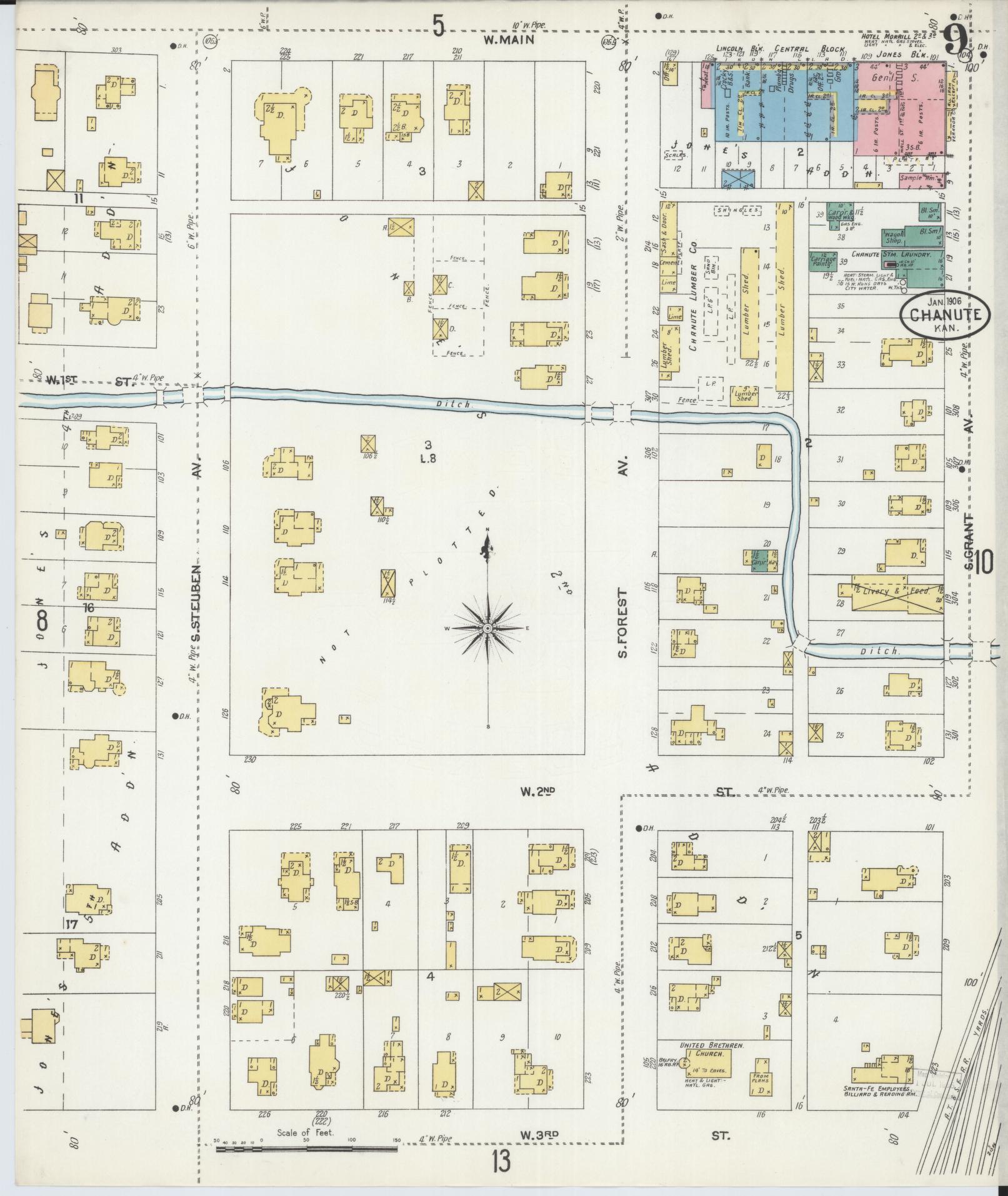 Sanborn Fire Insurance Map from Chanute, Neosho County, Kansas (1906), Sheet #0009 - Complete Map Set gallery image, historic Sanborn map, vintage wall art, Kansas Kansas