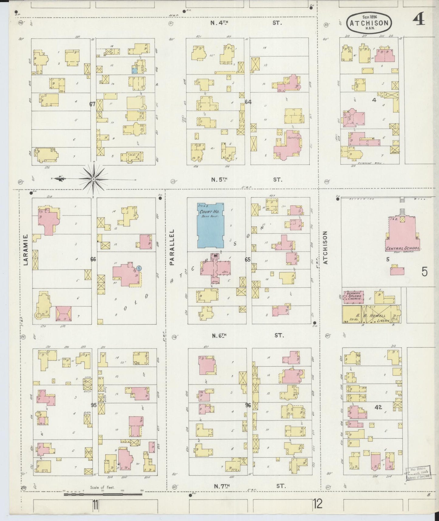 Sanborn Fire Insurance Map from Atchison, Atchison County, Kansas (1896), Sheet #0004 - Historic Sanborn Fire Insurance Map Print, vintage old map wall art, antique decor, genealogy gift, Kansas Kansas map