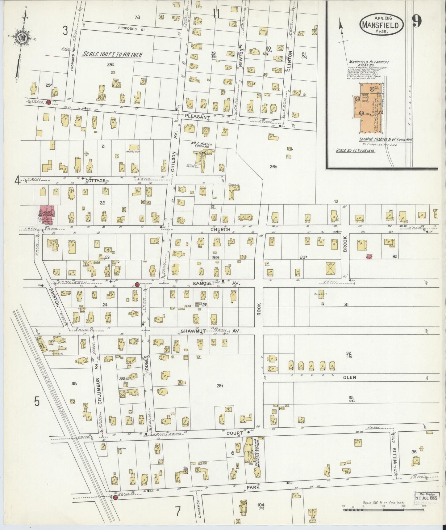 Sanborn Fire Insurance Map from Mansfield, Bristol County, Massachusetts (1916), Sheet #0009 - Historic Sanborn Fire Insurance Map Print, vintage old map wall art, antique decor, genealogy gift, Massachusetts Massachusetts map