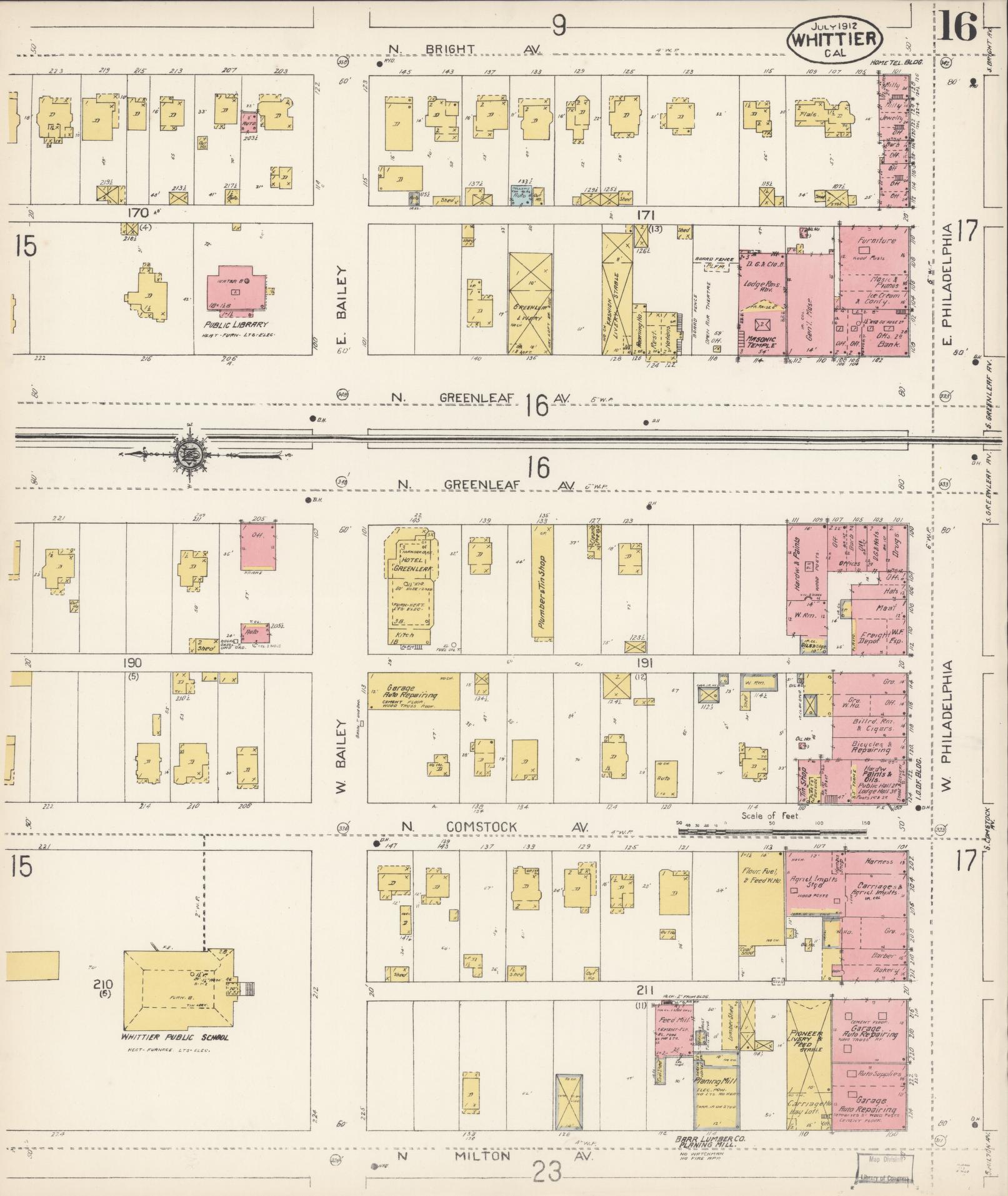 Sanborn Fire Insurance Map from Whittier, Los Angeles County, California (1912), Sheet #0016 - Complete Map Set gallery image, historic Sanborn map, vintage wall art, California California