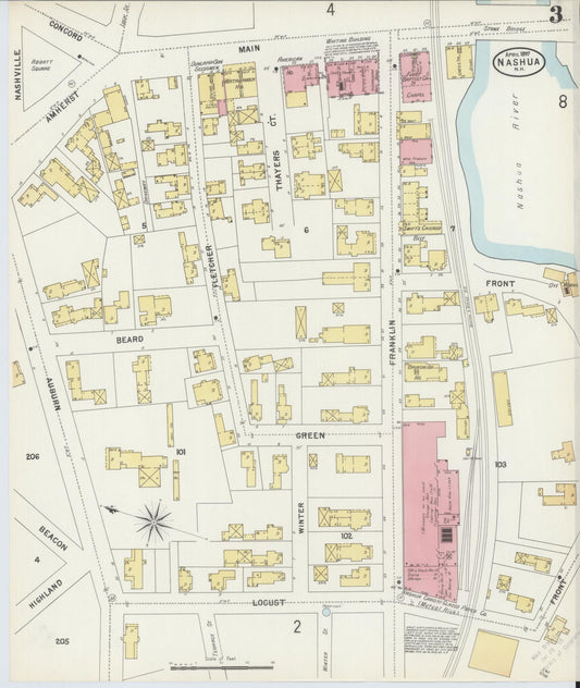 Sanborn Fire Insurance Map from Nashua, Hillsborough County, New Hampshire (1897), Sheet #0003 - Historic Sanborn Fire Insurance Map Print, vintage old map wall art, antique decor, genealogy gift, New Hampshire New Hampshire map