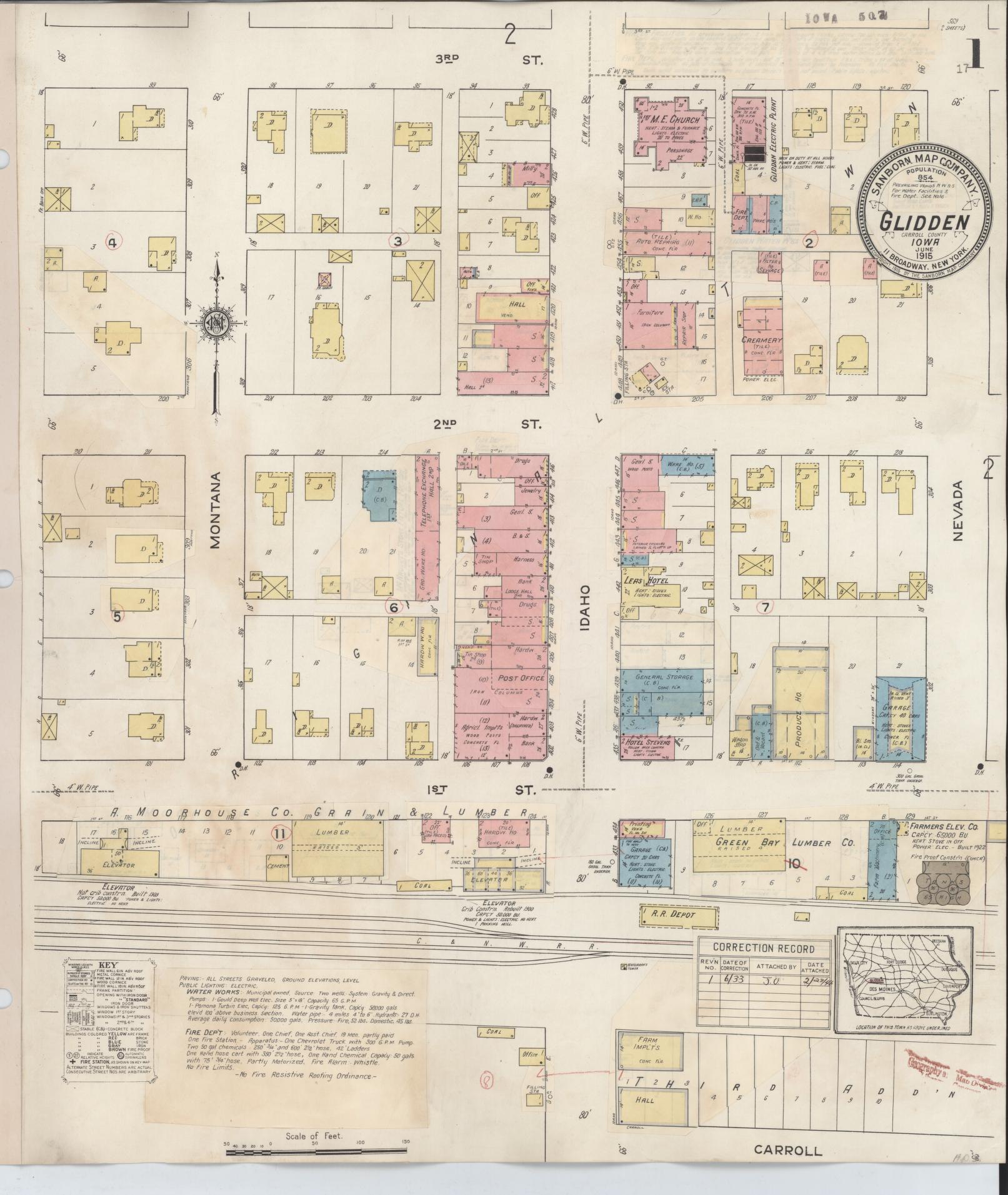Sanborn Fire Insurance Map from Glidden, Carroll County, Iowa (1933), Sheet #0001 - Historic Sanborn Fire Insurance Map Print, vintage old map wall art