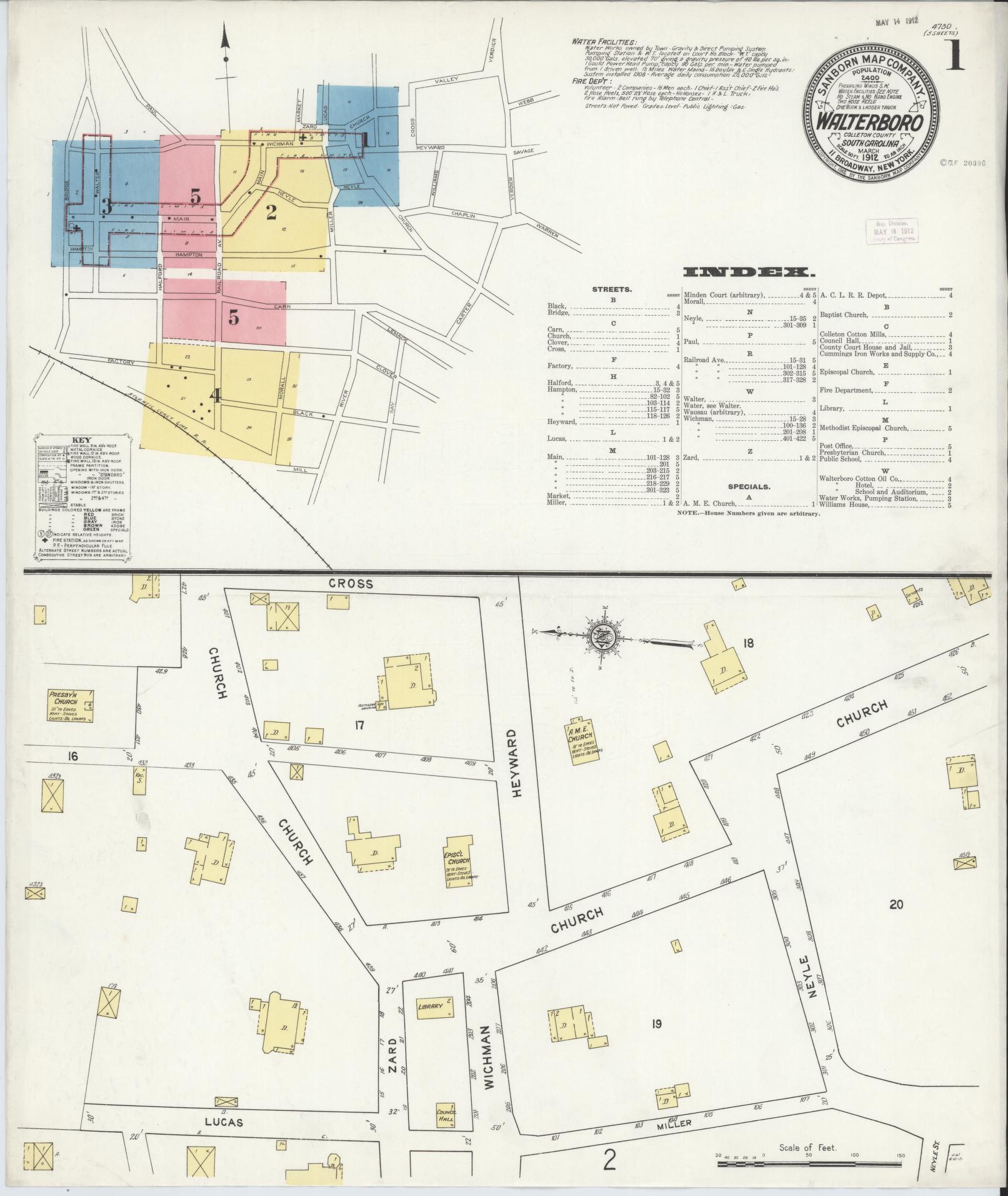 Sanborn Fire Insurance Map from Walterboro, Colleton County, South Carolina (1912), Sheet #0001 - Complete Map Set gallery image, historic Sanborn map, vintage wall art, South Carolina South Carolina