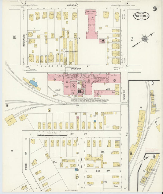 Sanborn Fire Insurance Map from Freehold, Monmouth County, New Jersey (1916), Sheet #0009 - Historic Sanborn Fire Insurance Map Print, vintage old map wall art, antique decor, genealogy gift, New Jersey New Jersey map