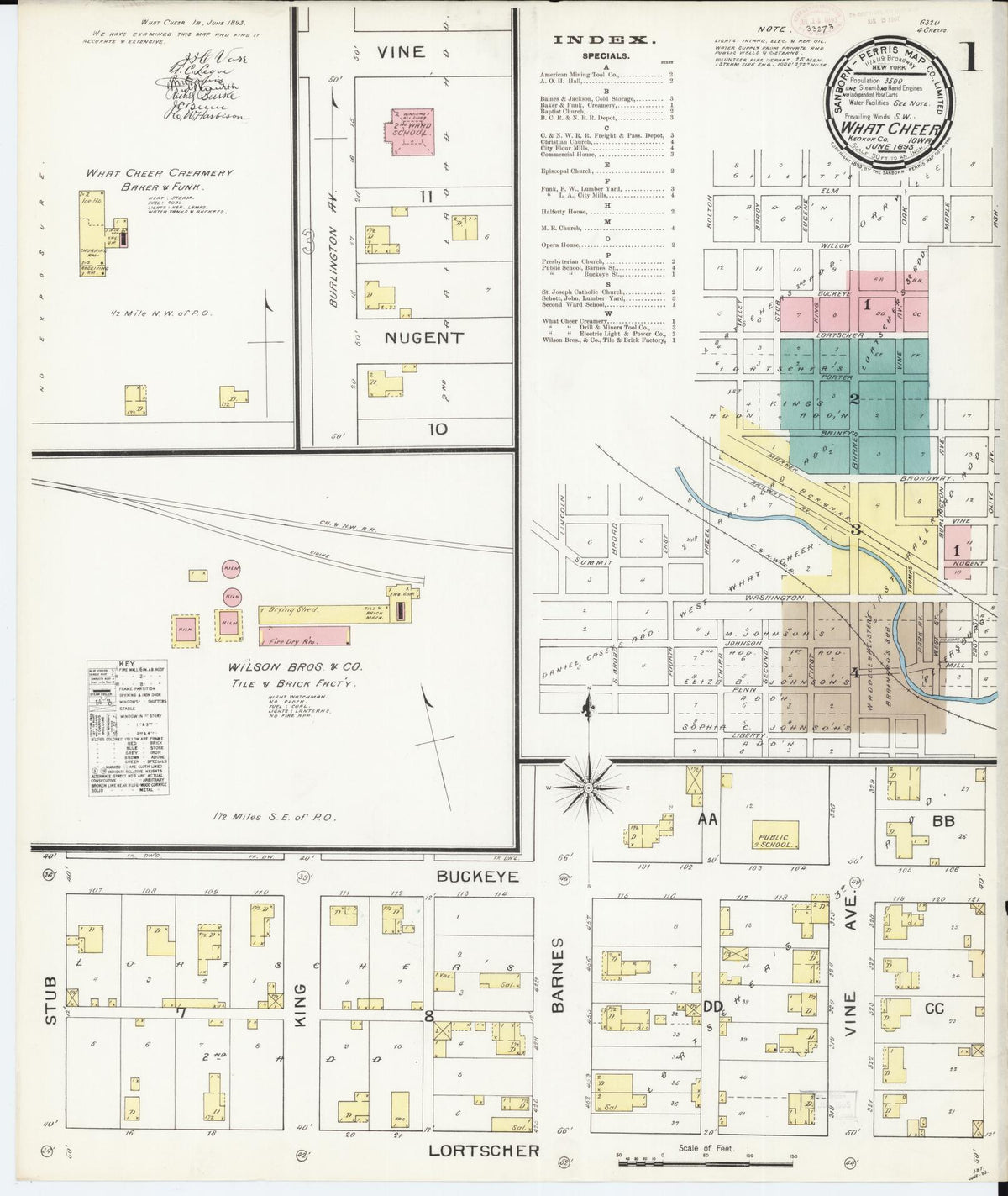 Sanborn Fire Insurance Map from What Cheer, Keokuk County, Iowa (1893), Sheet #0001 - Historic Sanborn Fire Insurance Map Print, vintage old map wall art