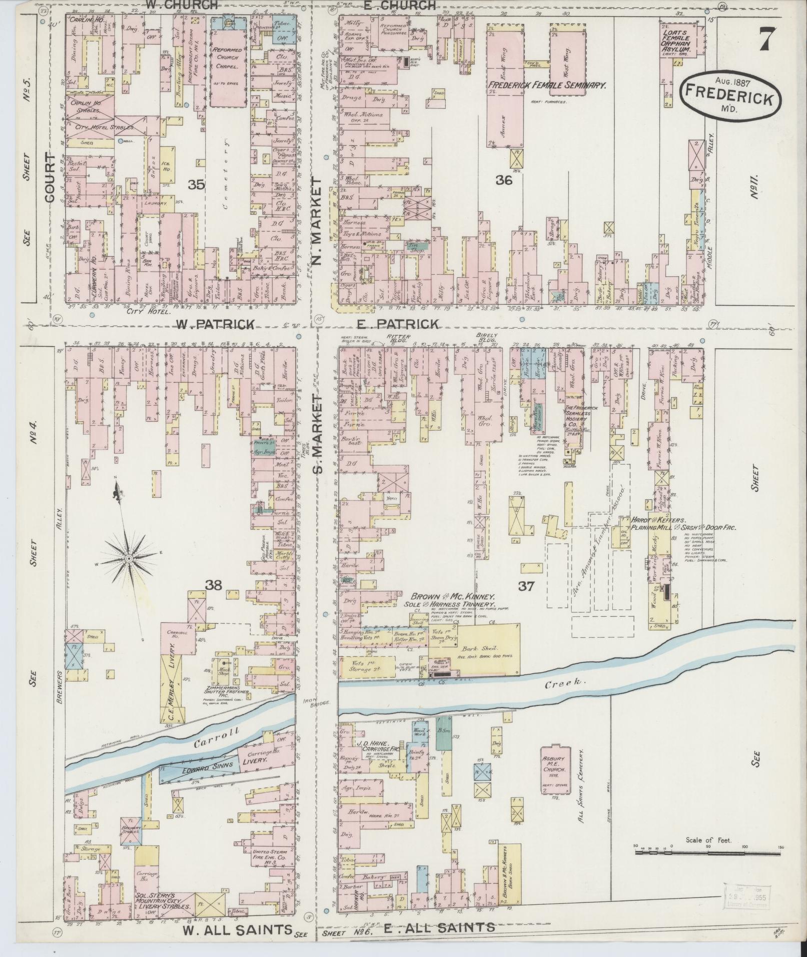 Frederick, Maryland - 1887 - Sanborn Fire Insurance Map, Sheet #0007 - Historic Sanborn Fire Insurance Map Print, Frederick Maryland 1887 0007 vintage old map wall art
