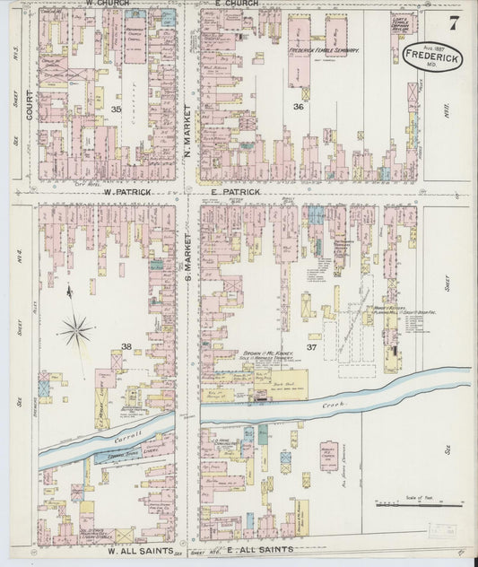 Frederick, Maryland - 1887 - Sanborn Fire Insurance Map, Sheet #0007 - Historic Sanborn Fire Insurance Map Print, Frederick Maryland 1887 0007 vintage old map wall art