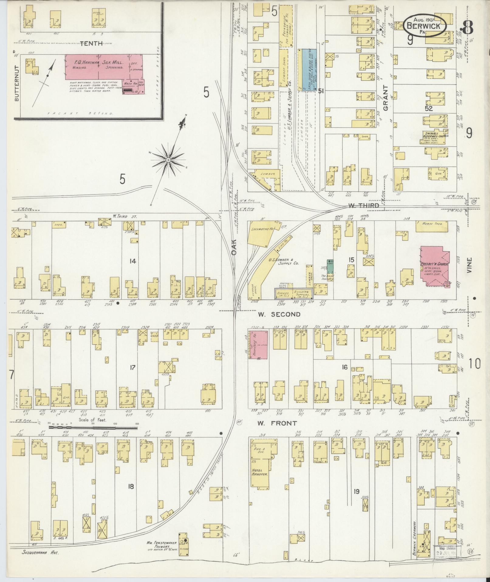 Sanborn Fire Insurance Map from Berwick, Columbia County, Pennsylvania (1907), Sheet #0008 - Historic Sanborn Fire Insurance Map Print, vintage old map wall art, antique decor, genealogy gift, Pennsylvania Pennsylvania map