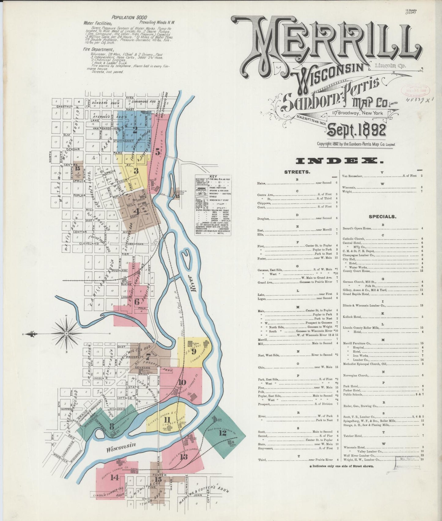Sanborn Fire Insurance Map from Merrill, Lincoln County, Wisconsin (1892), Sheet #0001 - Complete Map Set gallery image, historic Sanborn map, vintage wall art, Wisconsin Wisconsin