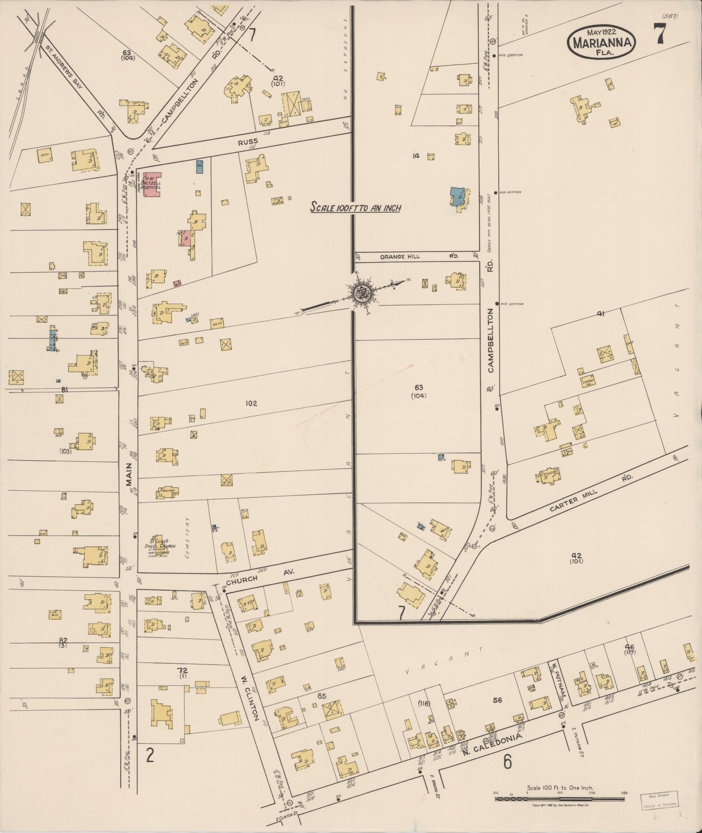 Sanborn Fire Insurance Map from Marianna, Jackson County, Florida (1922), Sheet #0007 - Historic Sanborn Fire Insurance Map Print, vintage old map wall art, antique decor, genealogy gift, Florida Florida map