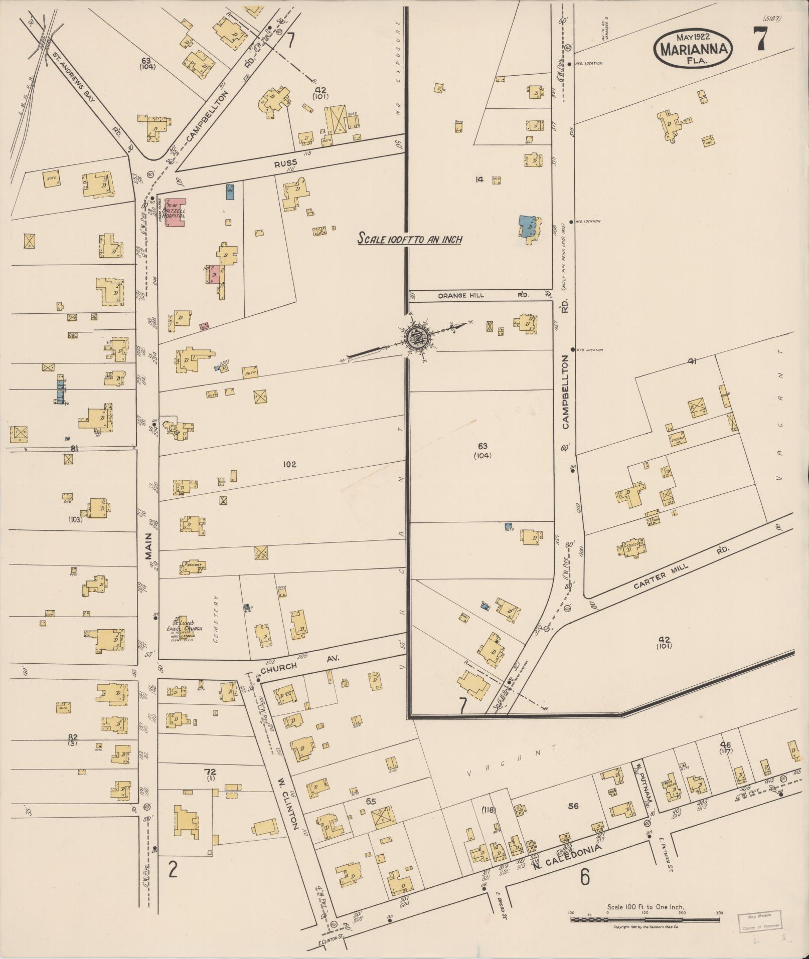 Sanborn Fire Insurance Map from Marianna, Jackson County, Florida (1922), Sheet #0007 - Historic Sanborn Fire Insurance Map Print, vintage old map wall art, antique decor, genealogy gift, Florida Florida map