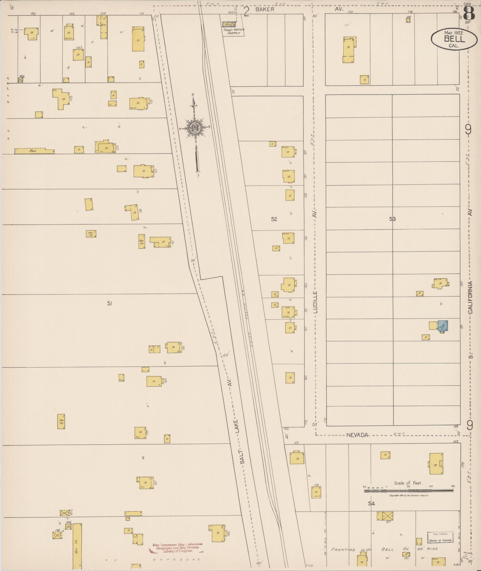 Sanborn Fire Insurance Map from Bell, Los Angeles County, California (1922), Sheet #0008 - Historic Sanborn Fire Insurance Map Print, vintage old map wall art, antique decor, genealogy gift, California California map