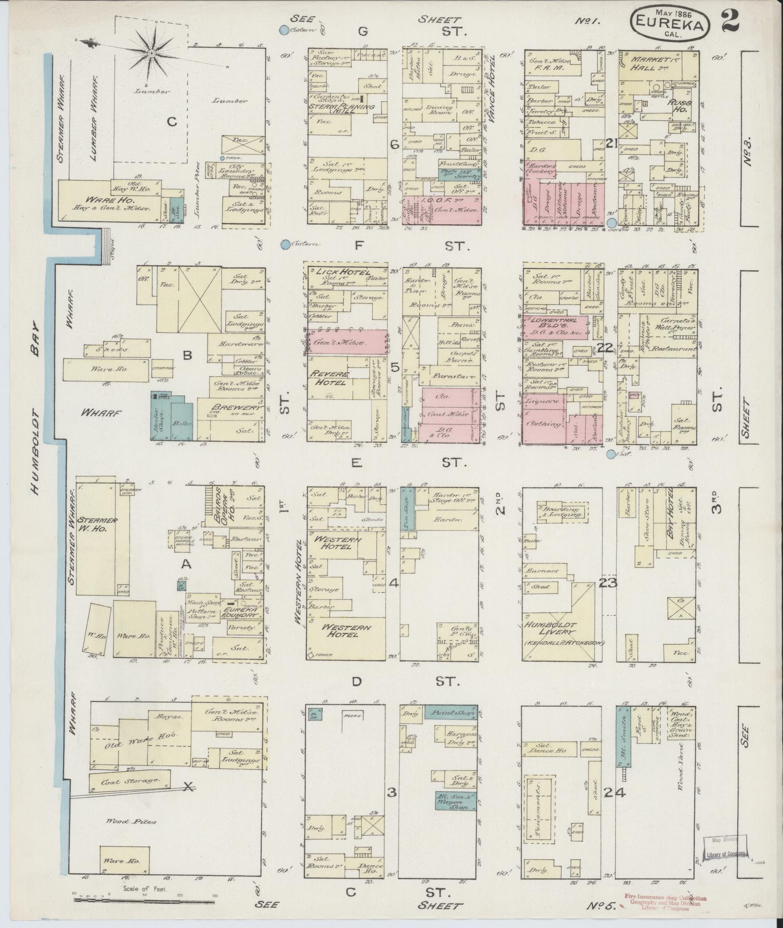 Sanborn Fire Insurance Map from Eureka, Humboldt County, California (1886), Sheet #0002 - Complete Map Set gallery image, historic Sanborn map, vintage wall art, California California