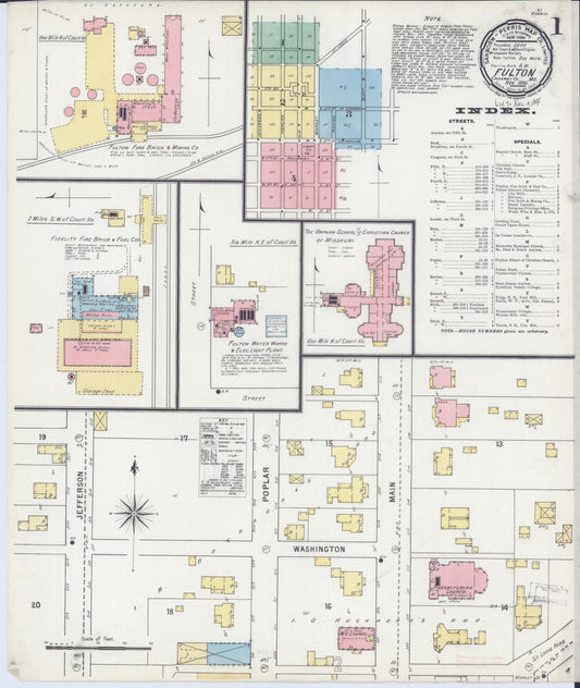 Sanborn Fire Insurance Map from Fulton, Callaway County, Missouri (1895), Sheet #0001 - Historic Sanborn Fire Insurance Map Print, vintage old map wall art, antique decor, genealogy gift, Missouri Missouri map