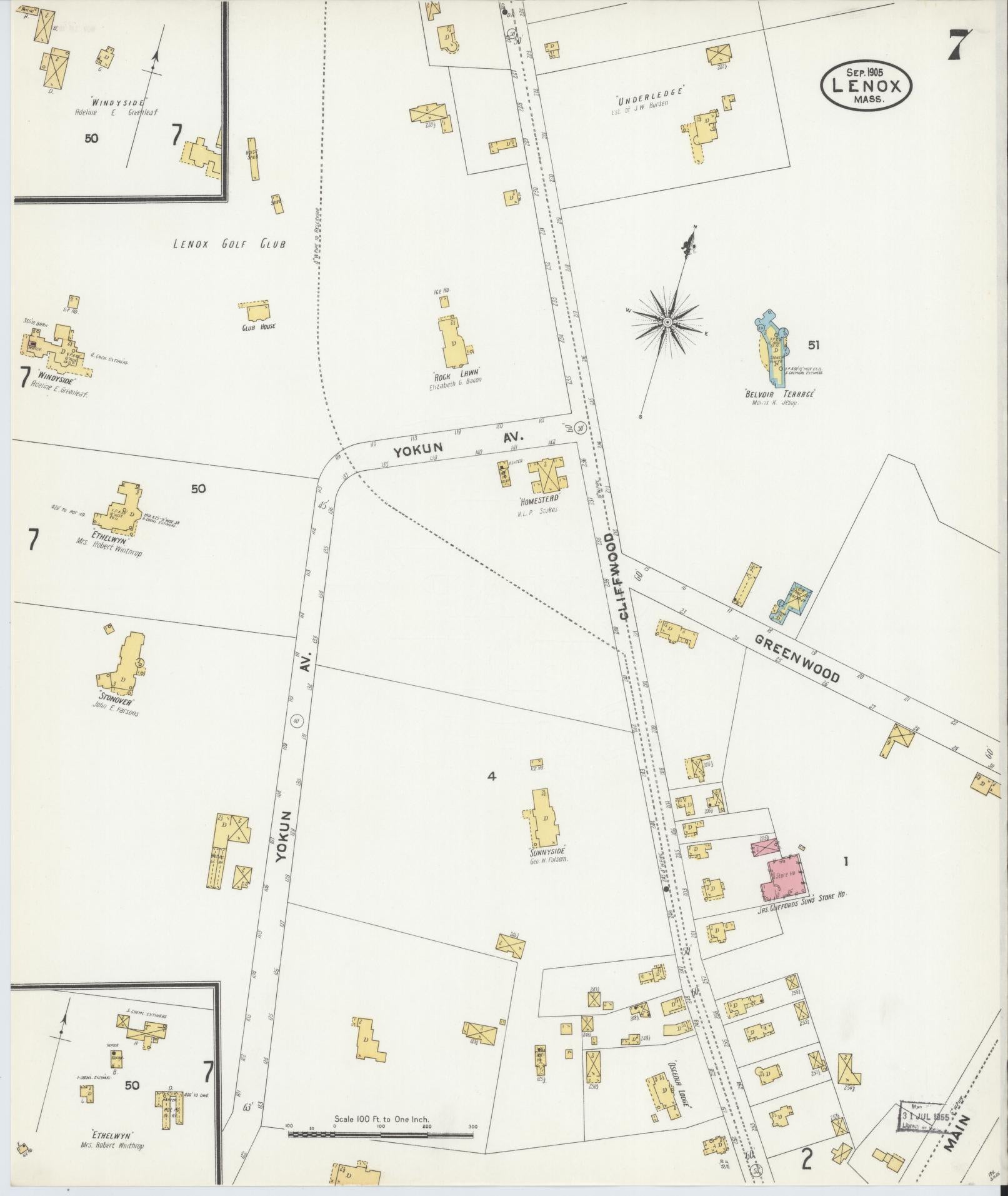 Sanborn Fire Insurance Map from Lenox, Berkshire County, Massachusetts (1905), Sheet #0007 - Historic Sanborn Fire Insurance Map Print, vintage old map wall art, antique decor, genealogy gift, Massachusetts Massachusetts map
