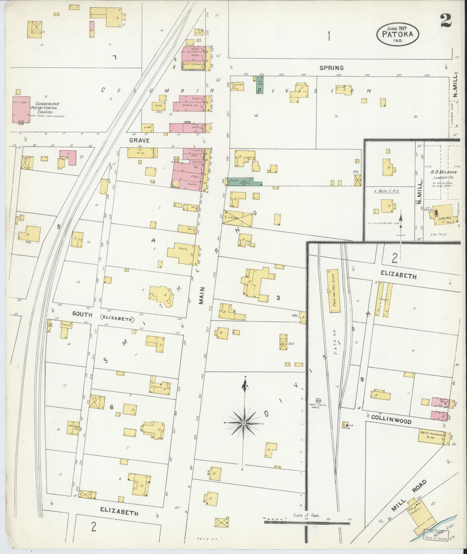 Sanborn Fire Insurance Map from Patoka, Gibson County, Indiana (1907), Sheet #0002 - Complete Map Set gallery image, historic Sanborn map, vintage wall art, Indiana Indiana