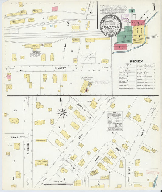 Sanborn Fire Insurance Map from Canaseraga, Allegany County, New York (1908), Sheet #0001 - Historic Sanborn Fire Insurance Map Print, vintage old map wall art, antique decor, genealogy gift, New York New York map