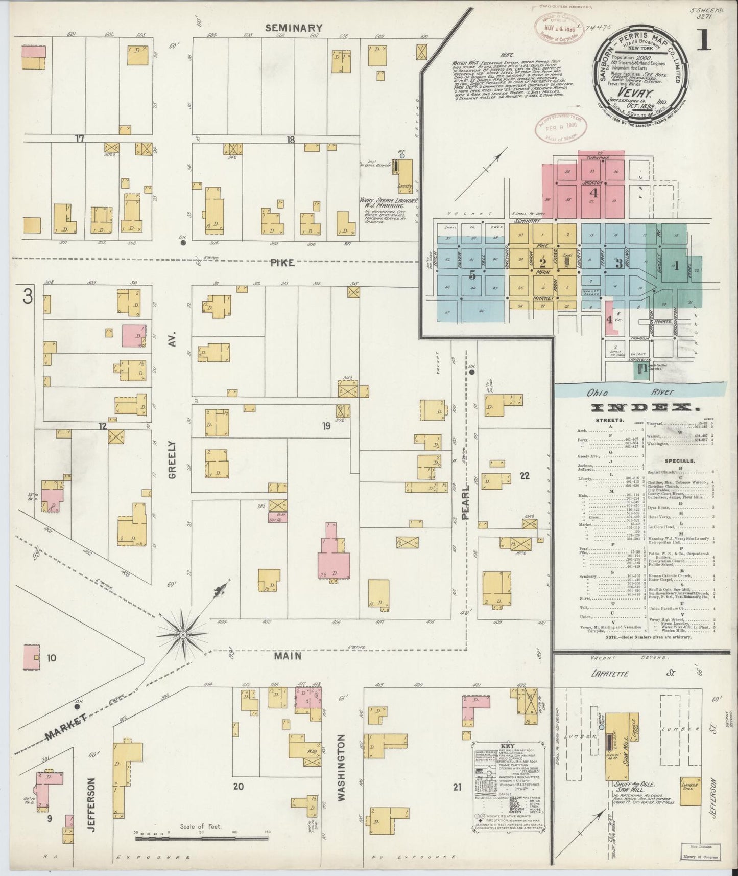 Sanborn Fire Insurance Map from Vevay, Switzerland County, Indiana (1899), Sheet #0001 - Complete Map Set gallery image, historic Sanborn map, vintage wall art, Indiana Indiana
