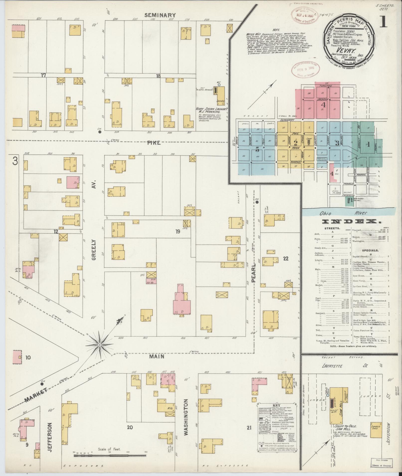 Sanborn Fire Insurance Map from Vevay, Switzerland County, Indiana (1899), Sheet #0001 - Complete Map Set gallery image, historic Sanborn map, vintage wall art, Indiana Indiana