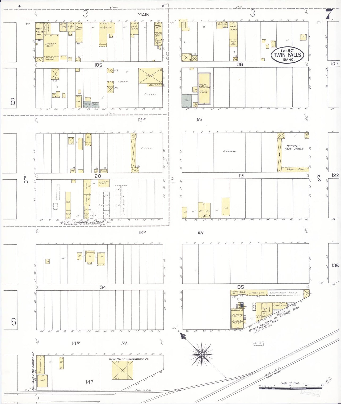 Sanborn Fire Insurance Map from Twin Falls, Twin Falls County, Idaho (1907), Sheet #0007 - Complete Map Set gallery image, historic Sanborn map, vintage wall art, Falls Idaho