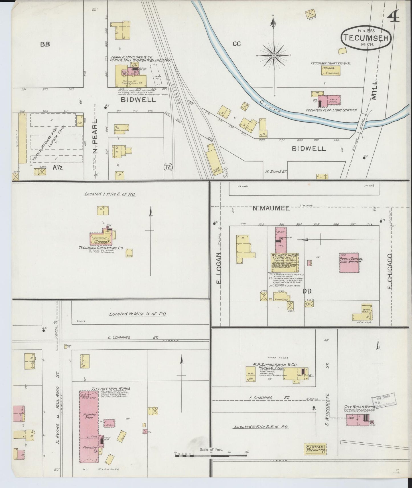Sanborn Fire Insurance Map from Tecumseh, Lenawee County, Michigan (1893), Sheet #0004 - Historic Sanborn Fire Insurance Map Print, vintage old map wall art, antique decor, genealogy gift, Michigan Michigan map
