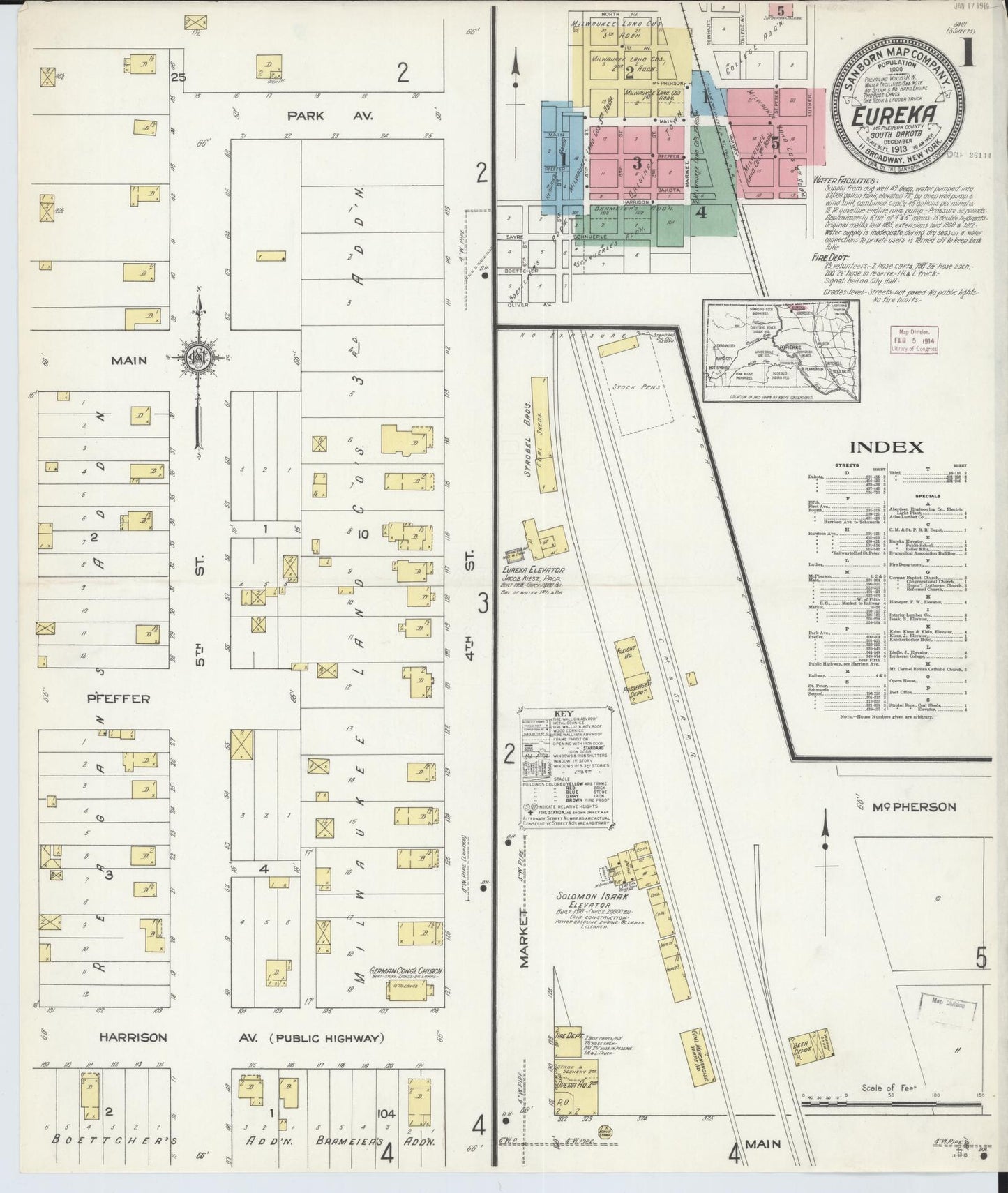 Sanborn Fire Insurance Map from Eureka, McPherson County, South Dakota (1913), Sheet #0001 - Historic Sanborn Fire Insurance Map Print, vintage old map wall art, antique decor, genealogy gift, South Dakota South Dakota map