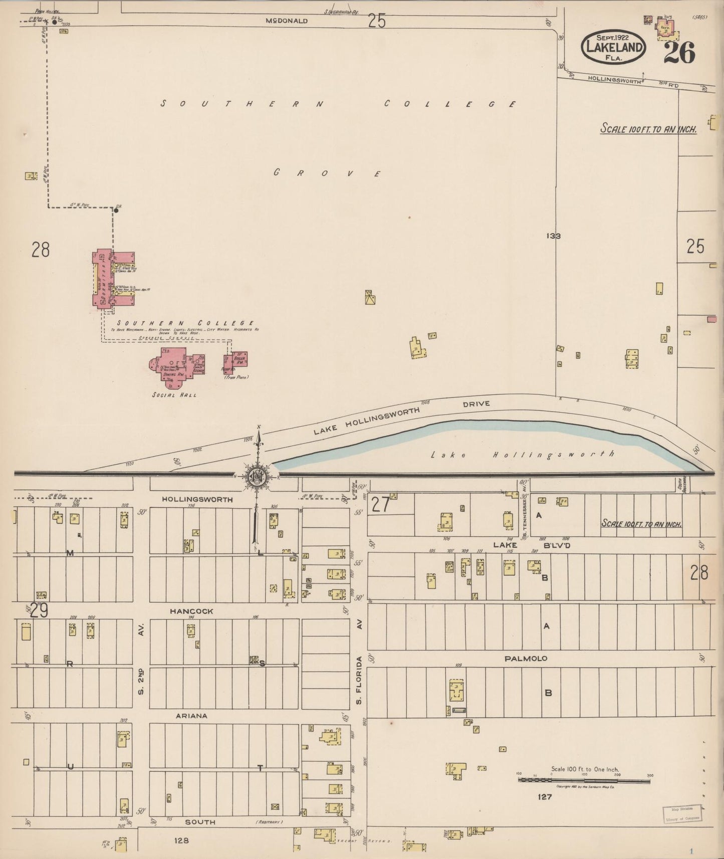 Sanborn Fire Insurance Map from Lakeland, Polk County, Florida (1922), Sheet #0026 - Historic Sanborn Fire Insurance Map Print, vintage old map wall art, antique decor, genealogy gift, Florida Florida map