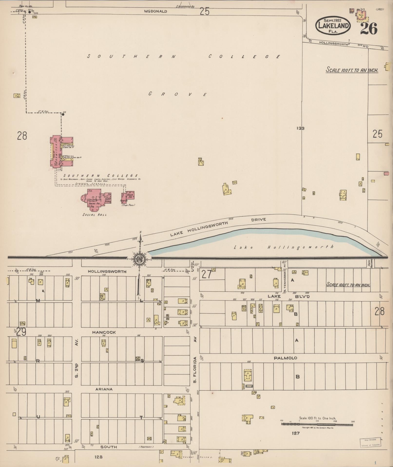Sanborn Fire Insurance Map from Lakeland, Polk County, Florida (1922), Sheet #0026 - Historic Sanborn Fire Insurance Map Print, vintage old map wall art, antique decor, genealogy gift, Florida Florida map