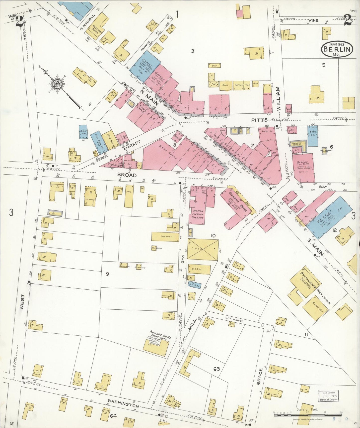 Worcester, Maryland - 1923 - Sanborn Fire Insurance Map, Sheet #0002 - Historic Sanborn Fire Insurance Map Print, Worcester Maryland 1923 0002 vintage old map wall art