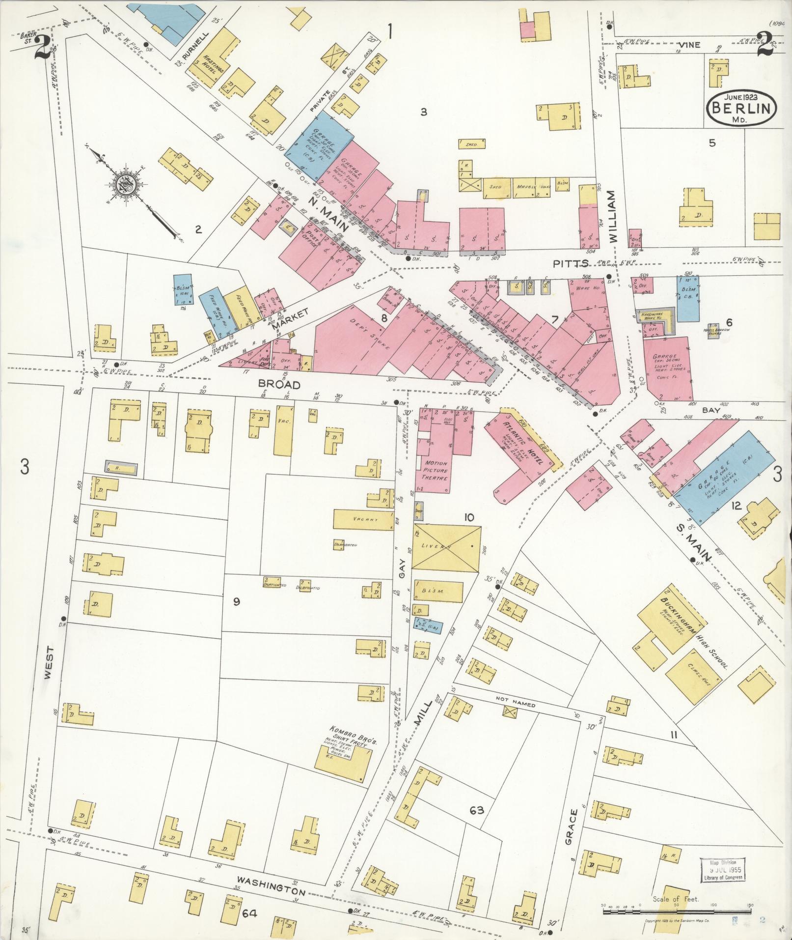Worcester, Maryland - 1923 - Sanborn Fire Insurance Map, Sheet #0002 - Historic Sanborn Fire Insurance Map Print, Worcester Maryland 1923 0002 vintage old map wall art