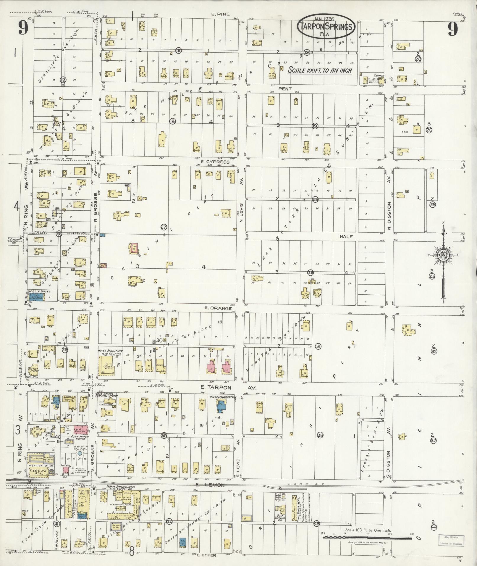 Sanborn Fire Insurance Map from Tarpon Springs, Pinellas County, Florida (1926), Sheet #0009 - Complete Map Set gallery image, historic Sanborn map, vintage wall art, Florida Florida