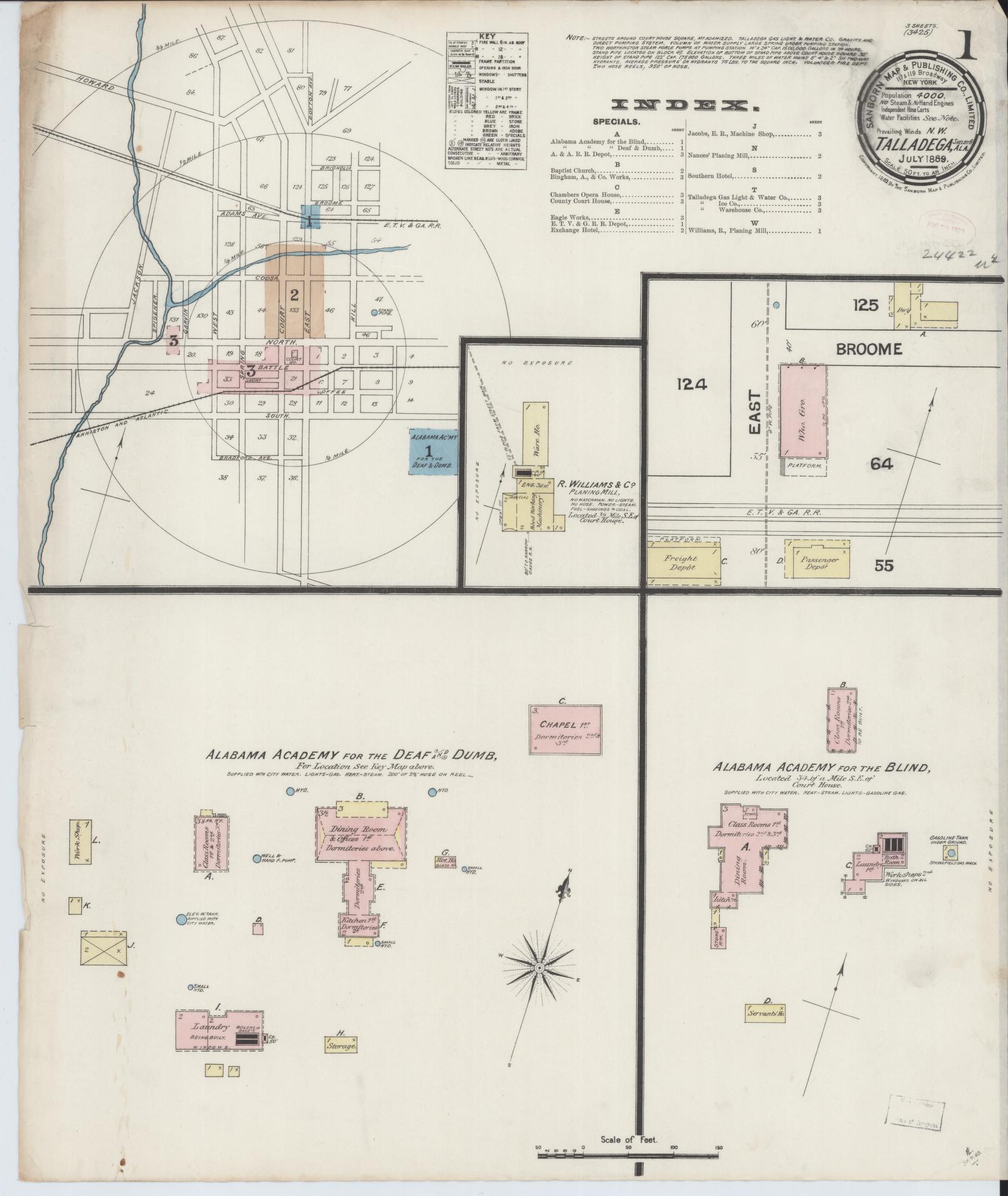 Sanborn Fire Insurance Map from Talladega, Talladega County, Alabama (1889), Sheet #0001 - Historic Sanborn Fire Insurance Map Print, vintage old map wall art, antique decor, genealogy gift, Alabama Alabama map