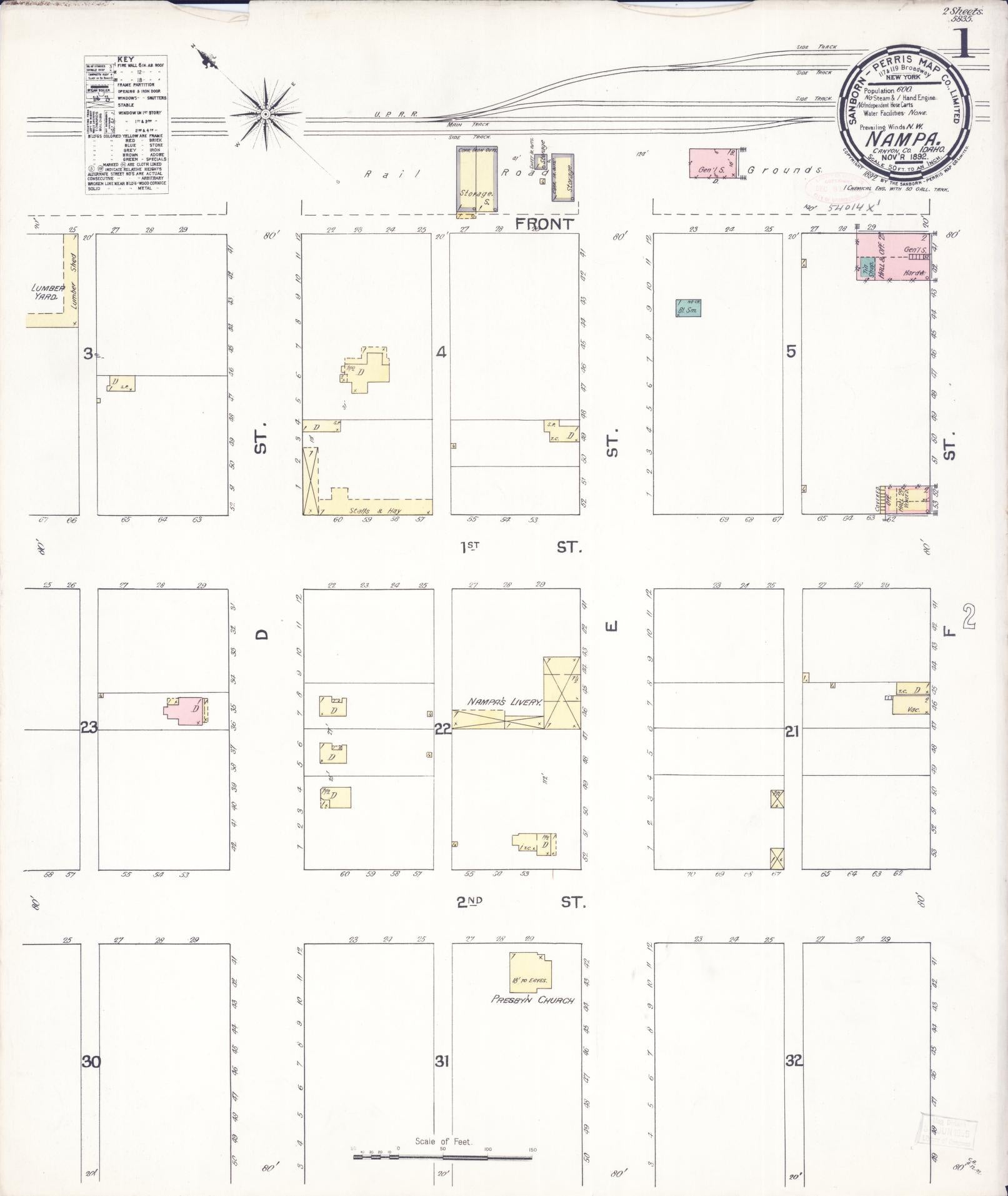 Sanborn Fire Insurance Map from Nampa, Canyon County, Idaho (1892), Sheet #0001 - Historic Sanborn Fire Insurance Map Print, vintage old map wall art, antique decor, genealogy gift, Idaho Idaho map